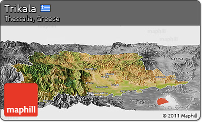 Satellite Panoramic Map of Trikala, desaturated