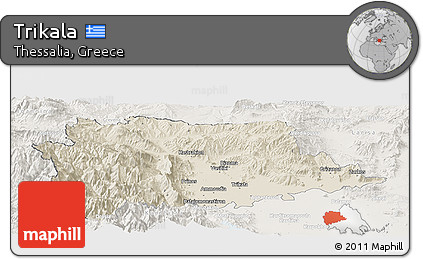 Shaded Relief Panoramic Map of Trikala, lighten