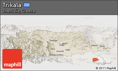 Shaded Relief Panoramic Map of Trikala, lighten