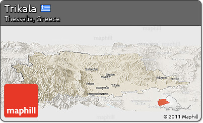 Shaded Relief Panoramic Map of Trikala, lighten