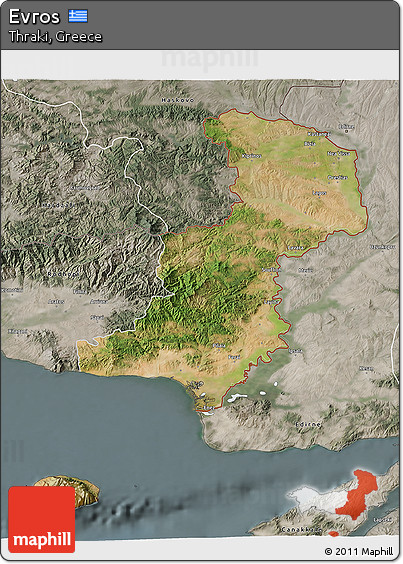 Satellite 3D Map of Evros, semi-desaturated