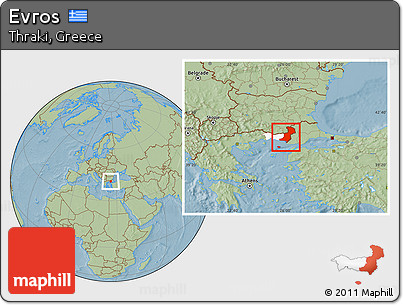 Savanna Style Location Map of Evros, highlighted parent region, hill shading