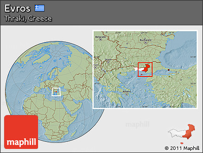 Savanna Style Location Map of Evros, highlighted parent region, hill shading