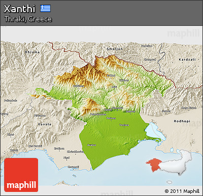 Physical 3D Map of Xanthi, shaded relief outside