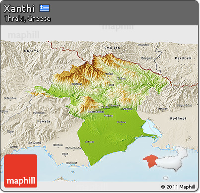 Physical 3D Map of Xanthi, shaded relief outside