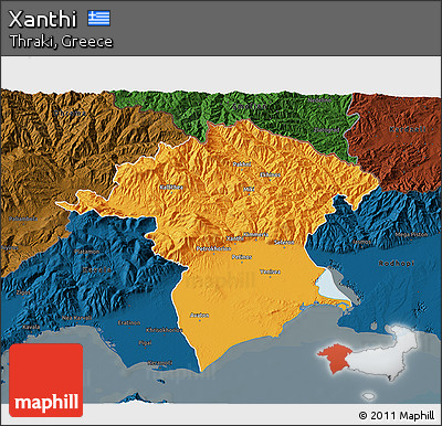 Political 3D Map of Xanthi, darken