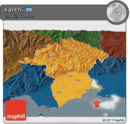 Political 3D Map of Xanthi, darken