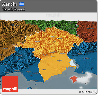 Political 3D Map of Xanthi, darken