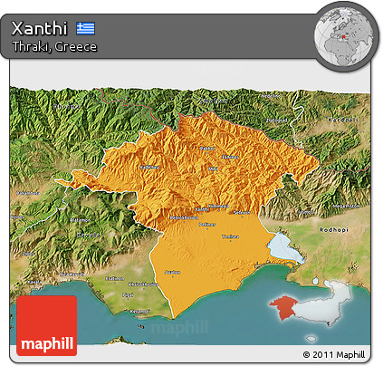 Political 3D Map of Xanthi, satellite outside