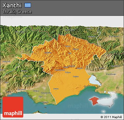 Political 3D Map of Xanthi, satellite outside