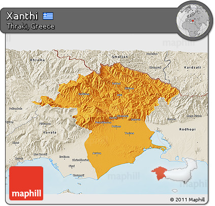 Political 3D Map of Xanthi, shaded relief outside