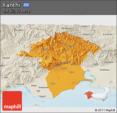 Political 3D Map of Xanthi, shaded relief outside