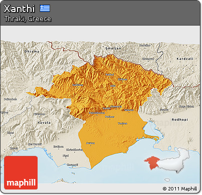 Political 3D Map of Xanthi, shaded relief outside