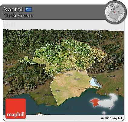 Satellite 3D Map of Xanthi, darken