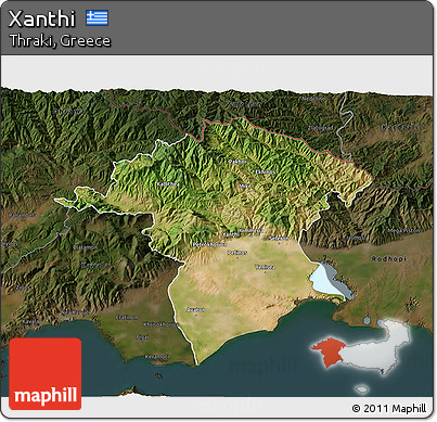 Satellite 3D Map of Xanthi, darken