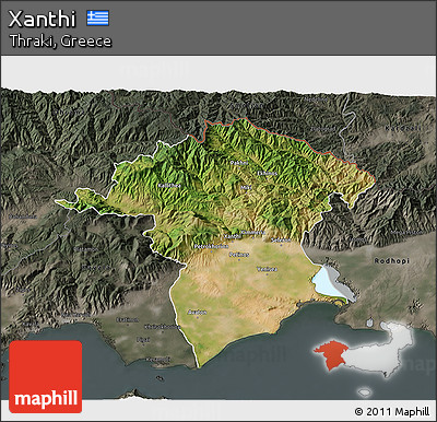 Satellite 3D Map of Xanthi, darken, semi-desaturated