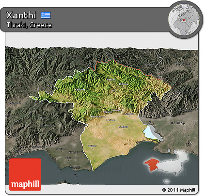 Satellite 3D Map of Xanthi, darken, semi-desaturated