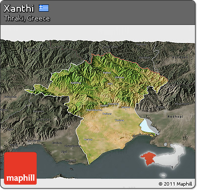 Satellite 3D Map of Xanthi, darken, semi-desaturated