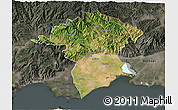 Satellite 3D Map of Xanthi, darken, semi-desaturated