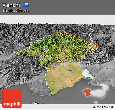 Satellite 3D Map of Xanthi, desaturated