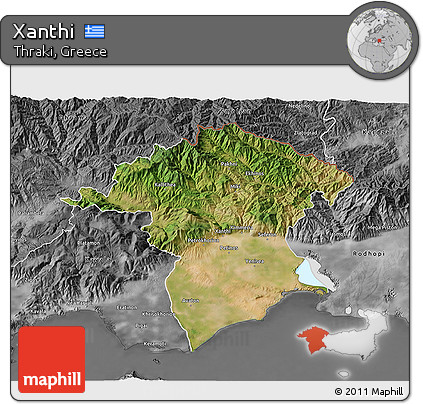 Satellite 3D Map of Xanthi, desaturated