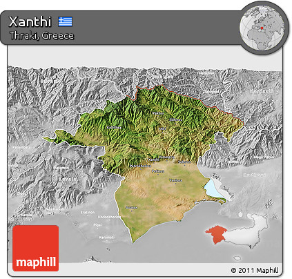 Satellite 3D Map of Xanthi, lighten, desaturated