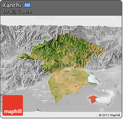 Satellite 3D Map of Xanthi, lighten, desaturated