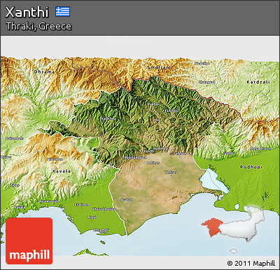 Satellite 3D Map of Xanthi, physical outside