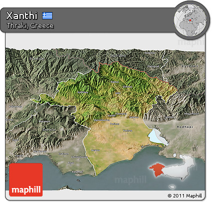 Satellite 3D Map of Xanthi, semi-desaturated