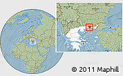 Savanna Style Location Map of Xanthi, highlighted country, hill shading