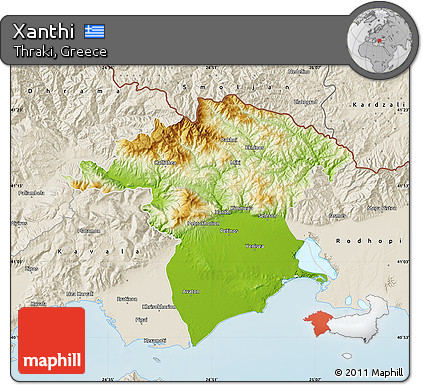 Physical Map of Xanthi, shaded relief outside