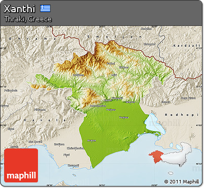 Physical Map of Xanthi, shaded relief outside