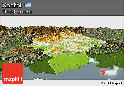 Physical Panoramic Map of Xanthi, darken