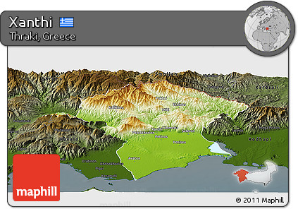Physical Panoramic Map of Xanthi, darken