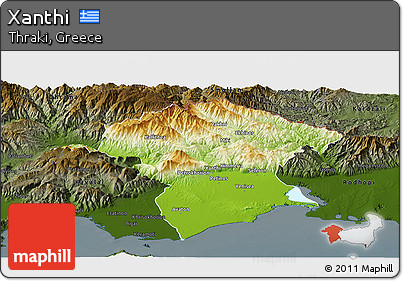 Physical Panoramic Map of Xanthi, darken