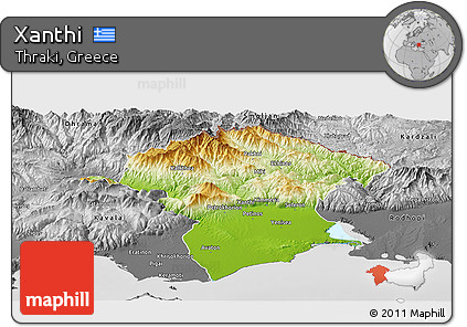 Physical Panoramic Map of Xanthi, desaturated