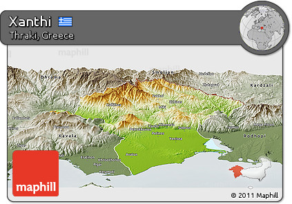 Physical Panoramic Map of Xanthi, semi-desaturated