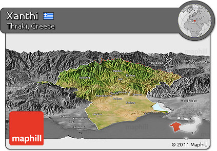 Satellite Panoramic Map of Xanthi, desaturated