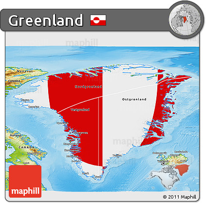 Flag 3D Map of Greenland, physical outside, flag aligned to the middle
