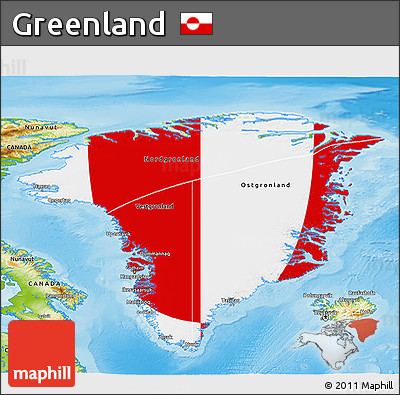 Flag 3D Map of Greenland, physical outside, flag aligned to the middle