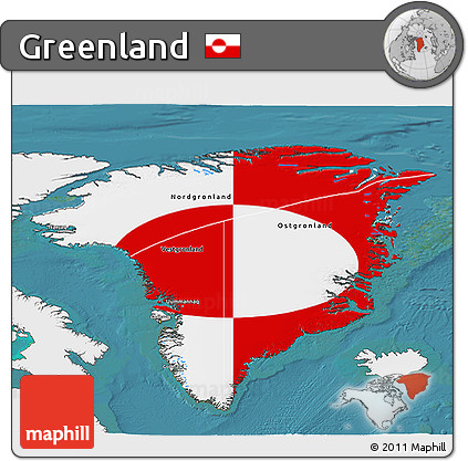 Flag 3D Map of Greenland, single color outside, satellite sea, flag rotated