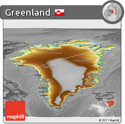 Physical 3D Map of Greenland, darken, desaturated