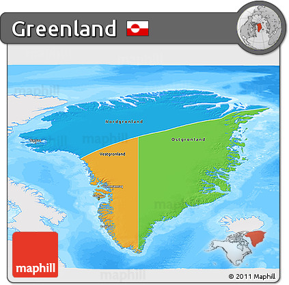 Political 3D Map of Greenland, single color outside, bathymetry sea