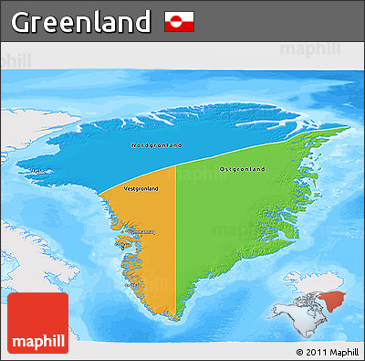 Political 3D Map of Greenland, single color outside, bathymetry sea