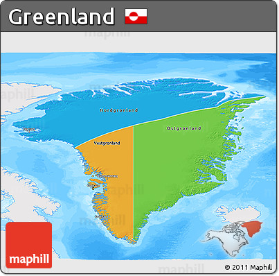 Political 3D Map of Greenland, single color outside, bathymetry sea