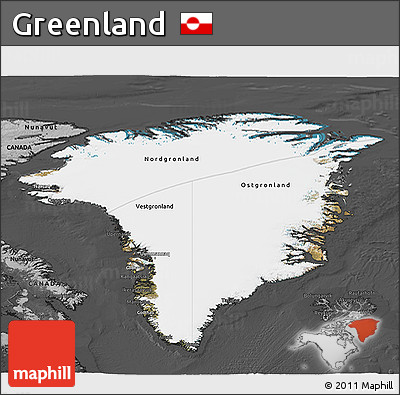 Satellite 3D Map of Greenland, darken, desaturated