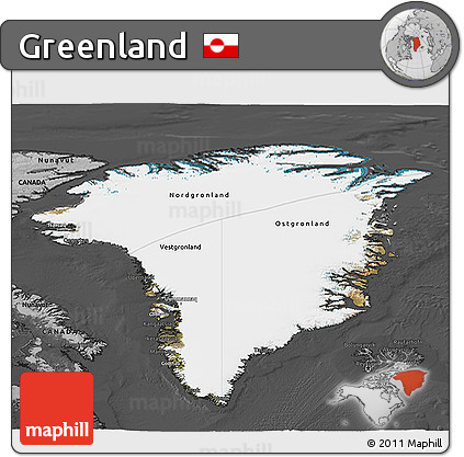 Satellite 3D Map of Greenland, darken, desaturated