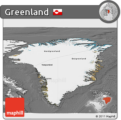 Satellite 3D Map of Greenland, desaturated
