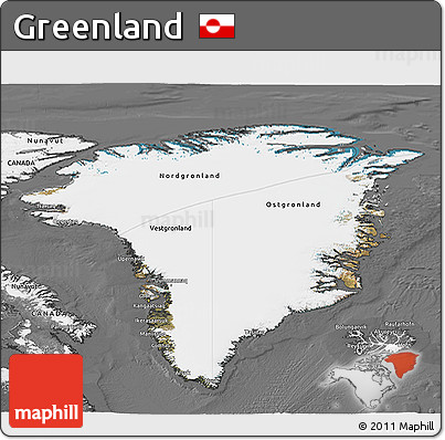 Satellite 3D Map of Greenland, desaturated