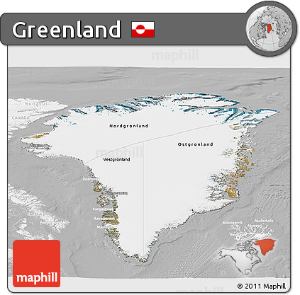 Satellite 3D Map of Greenland, lighten, desaturated